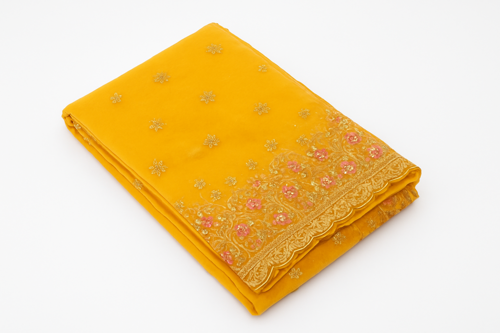 Net Sarees With Embroidered Work yellow